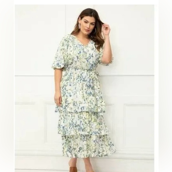 ELOQUII Elements Tiered Midi Dress With Tie - Women’s Plus Size 18 - Picture 1 of 9